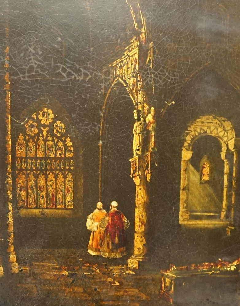 A mixed media and gilt panel, two figures in an ecclesiastical setting, 30 x 23cm. Condition - fair